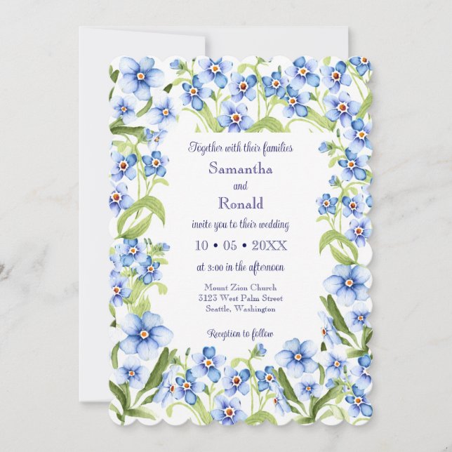 Pretty Blue Forget Me Not Watercolor Wedding  Invitation (Front)