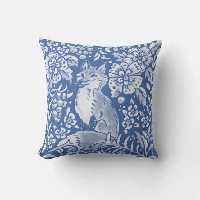 Pretty Blue Fox Forest Floral Nature Woodland Cushion (Front)
