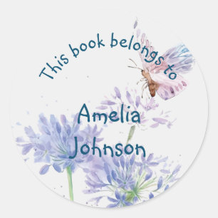 Pretty Blue Garden Flowers Butterfly bookplate Classic Round Sticker
