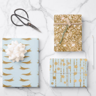 Pretty Blue Girly Gold Glam Glitter Eyelashes Wrapping Paper Sheet