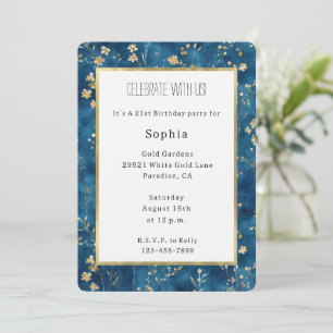 Pretty Blue Gold Flowers Birthday Invitation