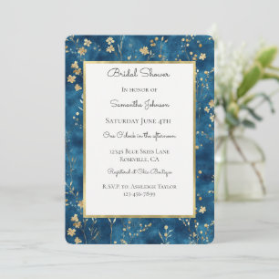 Pretty Blue Gold Flowers Bridal Shower Invitation