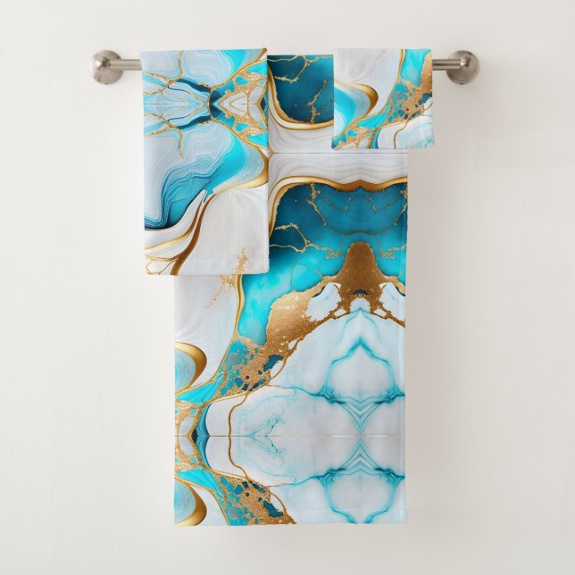 Pretty Blue Gold White Marble Design Bath Towel Set (Insitu)