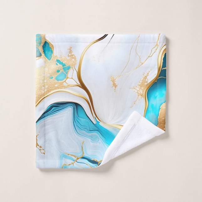 Pretty Blue Gold White Marble Design Wash Cloth (Wash Cloth)