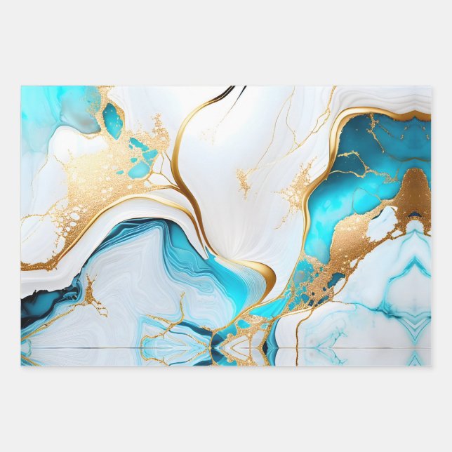 Pretty Blue Gold White Marble Design Wrapping Paper Sheet (Front 3)