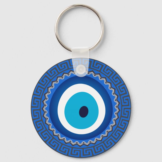 Pretty Blue Greek Mandala Nazar Evil Eye Amulet Key Ring (Front)