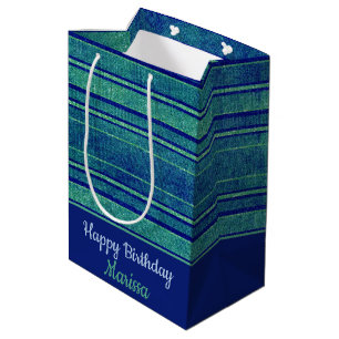 Pretty Blue Green Distressed Stripes Pattern Medium Gift Bag