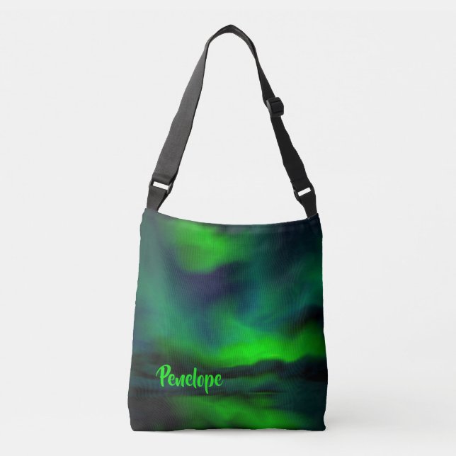 Pretty Blue Green Northern Lights and Your Name Crossbody Bag (Front)