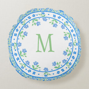 Pretty Blue Green Periwinkles Floral Round Border Round Cushion