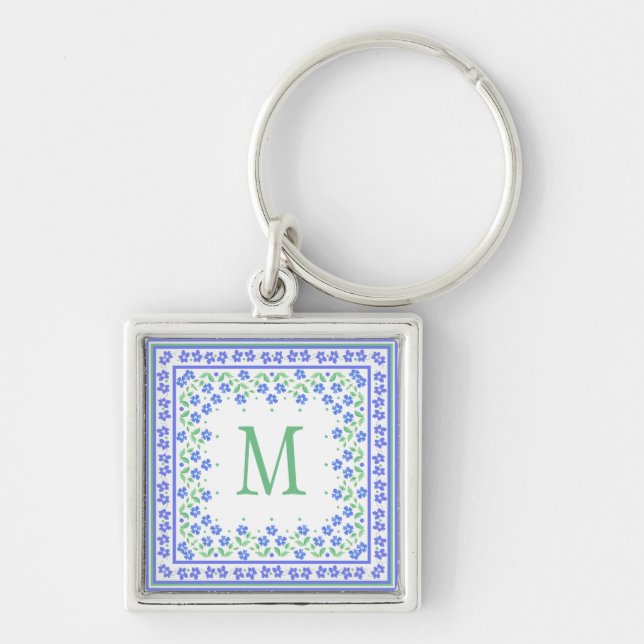 Pretty Blue Green Periwinkles Floral Square Border Key Ring (Front)