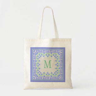 Pretty Blue Green Periwinkles Floral Square Border Tote Bag