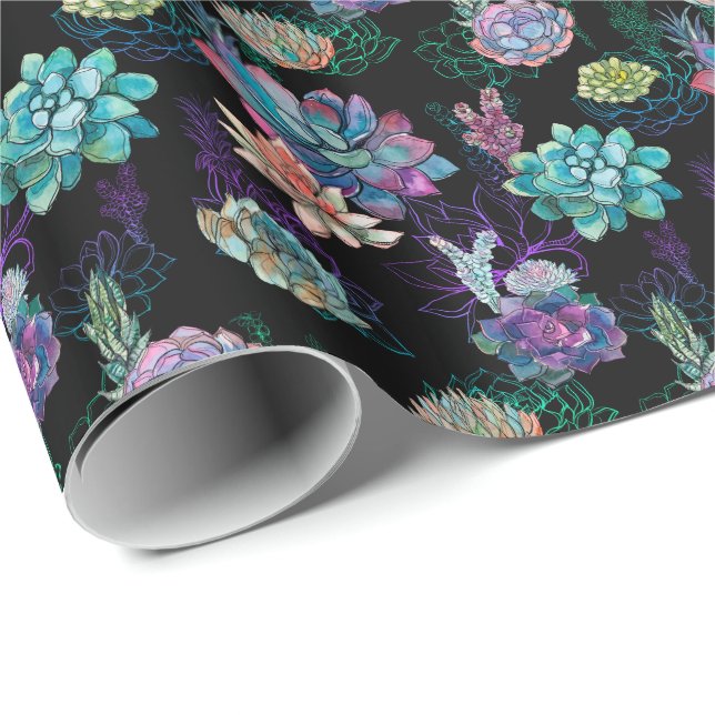 *~ * Pretty  Blue Green Succulent Pattern on Black Wrapping Paper (Roll Corner)