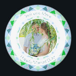 Pretty Blue Green Wedding Keepsake Photo Gift Magnet<br><div class="desc">Pretty Blue and Green Wedding Keepsake Photo Gift Magnets. In spring and summer colours of green and blue. A springtime and summertime modern geometric pattern round border surrounds the picture in the middle. Replace the photo on this budget friendly fridge magnet with a picture of your own wedding celebration. The...</div>