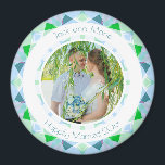 Pretty Blue Green Wedding Keepsake Photo Gift Magnet<br><div class="desc">Pretty Blue and Green Wedding Keepsake Photo Gift Magnets. In spring and summer colours of green and blue. A springtime and summertime modern geometric pattern round border surrounds the picture in the middle. Replace the photo on this budget friendly fridge magnet with a picture of your own wedding celebration. The...</div>