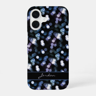 Pretty Blue Grey & Lavender Sparkle Lights w/ Name iPhone 16 Case