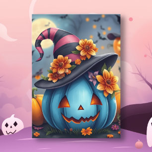 Pretty Blue Halloween Pumpkin Jack-o-lantern Card