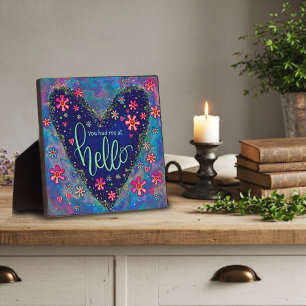 Pretty Blue Hello Love Quote Floral Inspirational Plaque