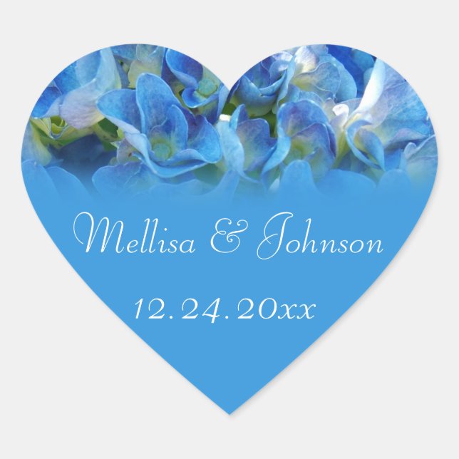 pretty blue hydrangea bride and groom wedding heart sticker (Front)