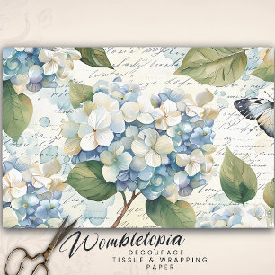 Pretty Blue Hydrangea Ephemera Script Decoupage Tissue Paper