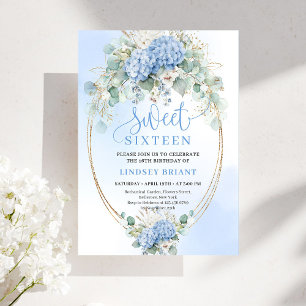 Pretty Blue Hydrangea Eucalyptus Sweet Sixteen  Invitation