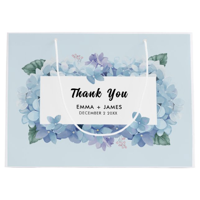 Pretty Blue Hydrangeas Script Wedding Thank You  Large Gift Bag (Front)