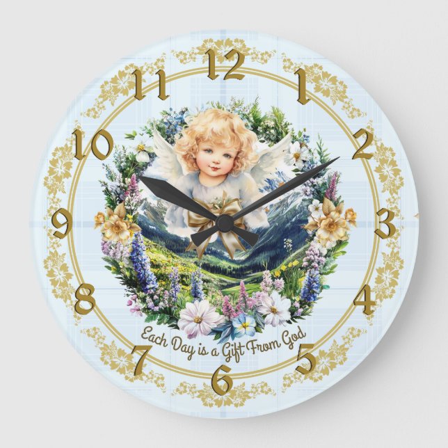 Pretty Blue Inspirational Angel Cherub  Large Clock (Front)
