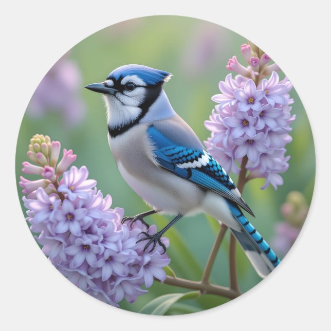Pretty Blue Jay Standing on Lilac Branches Classic Round Sticker (Front)