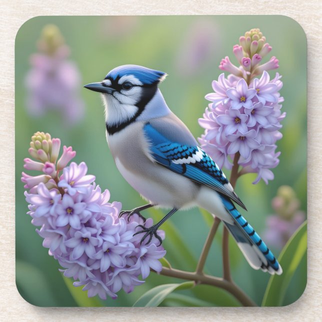 Pretty Blue Jay Standing on Lilac Branches Coaster (Front)