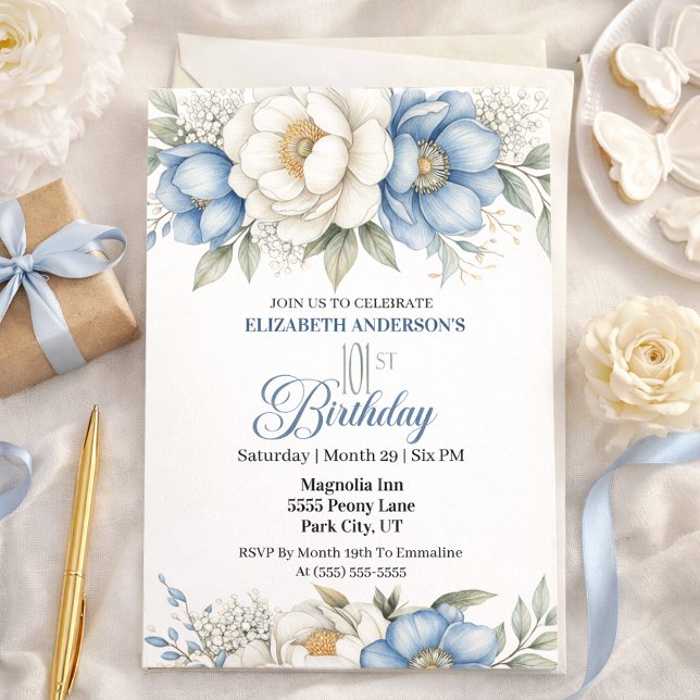 Pretty Blue Magnolia and Peony 101st Birthday Invitation (Creator Uploaded)