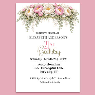 Pretty Blue Magnolia and Peony 21st Birthday Invitation