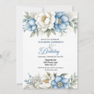 Pretty Blue Magnolia and Peony 40th Birthday Invitation