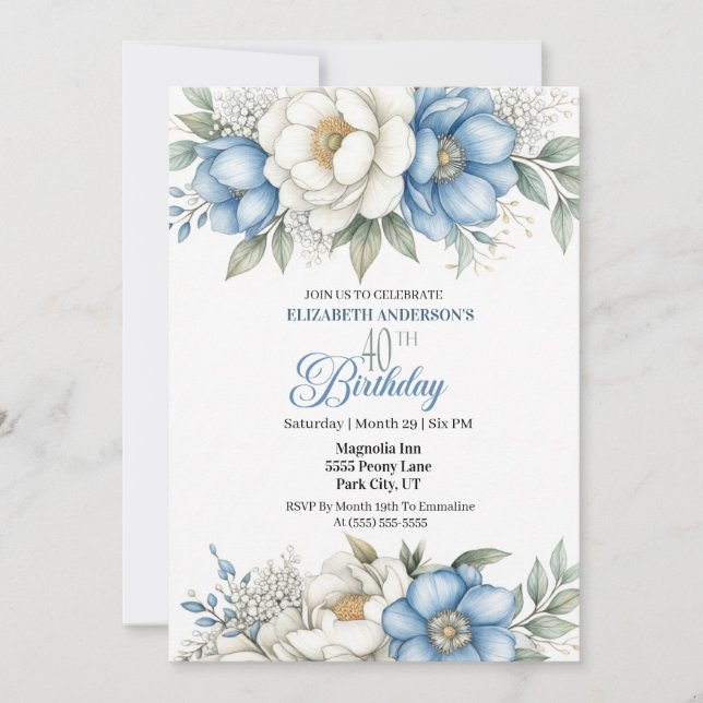 Pretty Blue Magnolia and Peony 40th Birthday Invitation (Front)