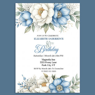 Pretty Blue Magnolia and Peony 80th Birthday Invitation