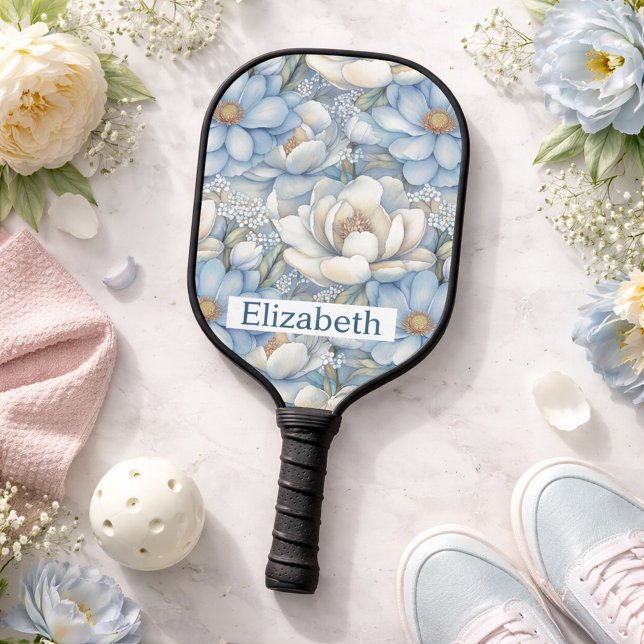 Pretty Blue Magnolia and Peony Personalized Pickleball Paddle (Creator Uploaded)