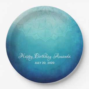 Pretty Blue Mandala Abstract Birthday Paper Plate
