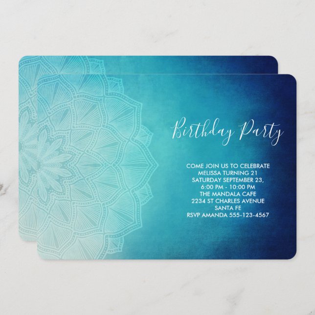 Pretty Blue Mandala Abstract Birthday Party Invitation (Front/Back)