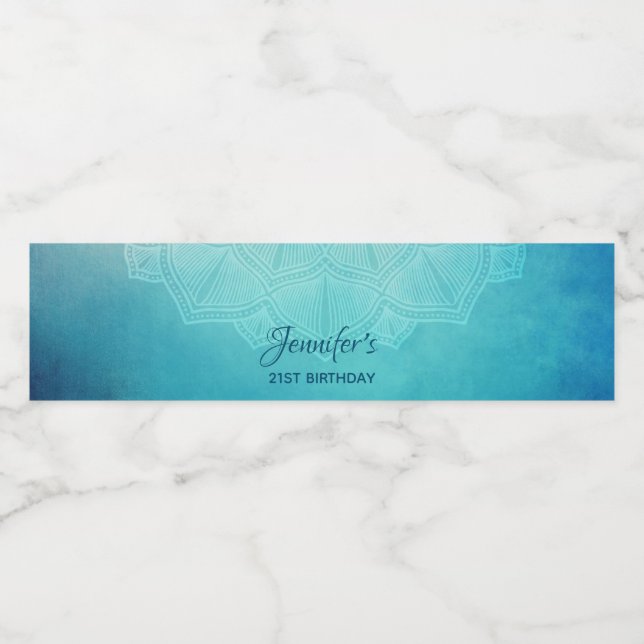 Pretty Blue Mandala Abstract Birthday Water Bottle Label (Single Label)