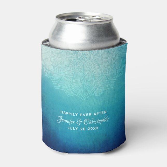 Pretty Blue Mandala Abstract Wedding Can Cooler (Can Front)