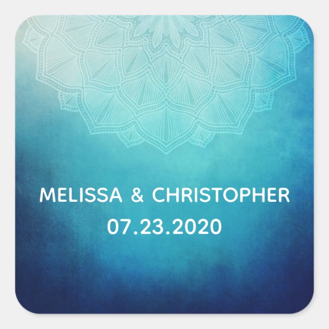 Pretty Blue Mandala Abstract Wedding Square Sticker (Front)