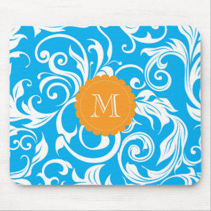 Pretty Blue Monogram Floral Wallpaper Turquoise Mouse Mat