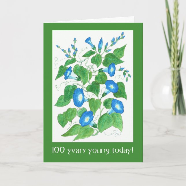 Pretty Blue Morning Glory Flowers 100th Birthday Card (Front)