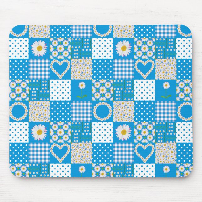 Pretty Blue Mousepad: Daisychains, Faux Patchwork Mouse Mat (Front)