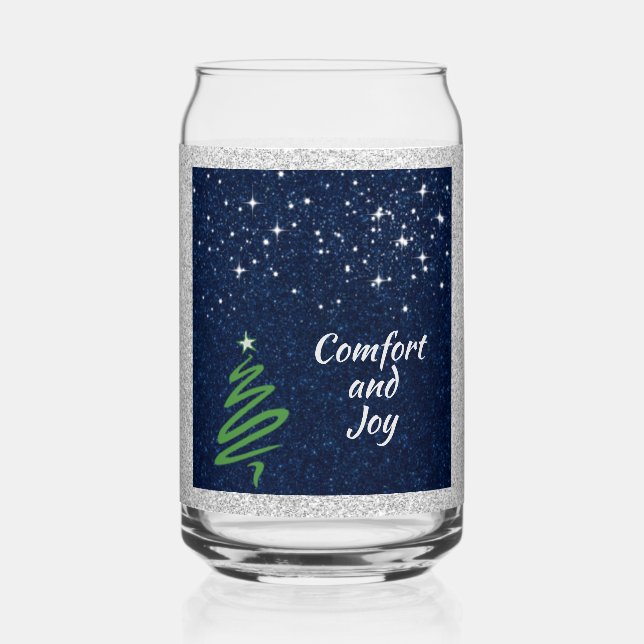Pretty Blue Night Winter Christmas Tree Scene Can Glass (Front)