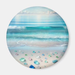 Pretty Blue Ocean Waves and Sea Glass Magnet