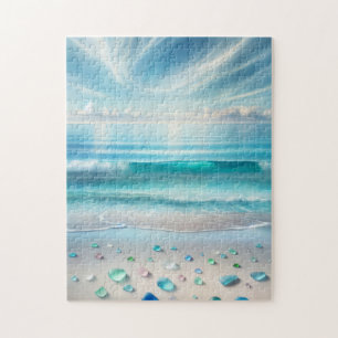 Pretty Blue Ocean Waves and Sea Glass Personalised Jigsaw Puzzle