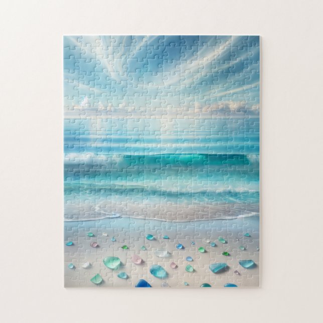 Pretty Blue Ocean Waves and Sea Glass Personalised Jigsaw Puzzle (Vertical)