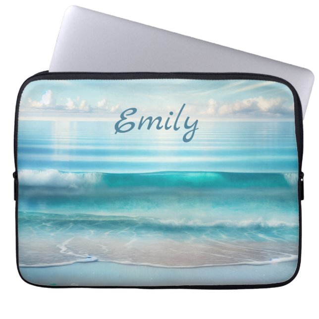 Pretty Blue Ocean Waves and Sea Glass Personalised Laptop Sleeve (Front)