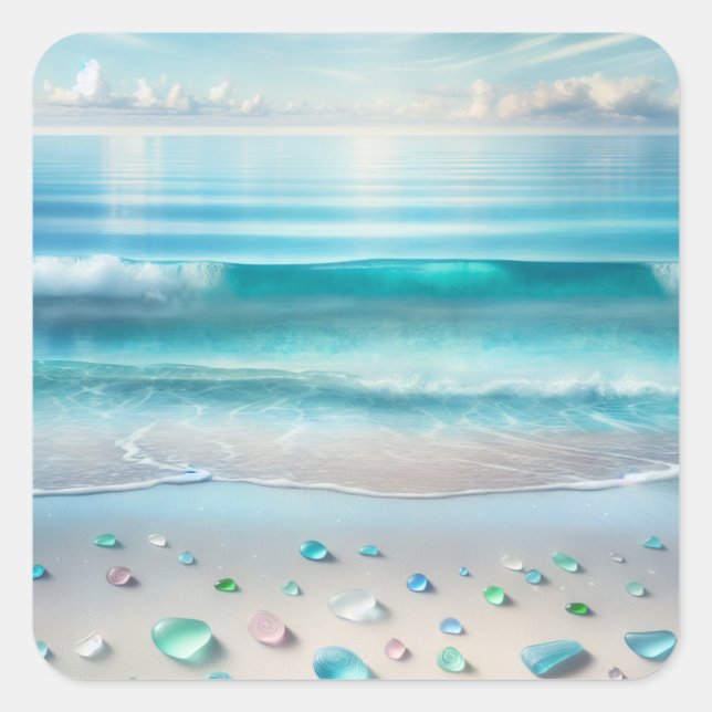 Pretty Blue Ocean Waves and Sea Glass  Square Sticker (Front)