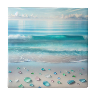 Pretty Blue Ocean Waves and Sea Glass Tile