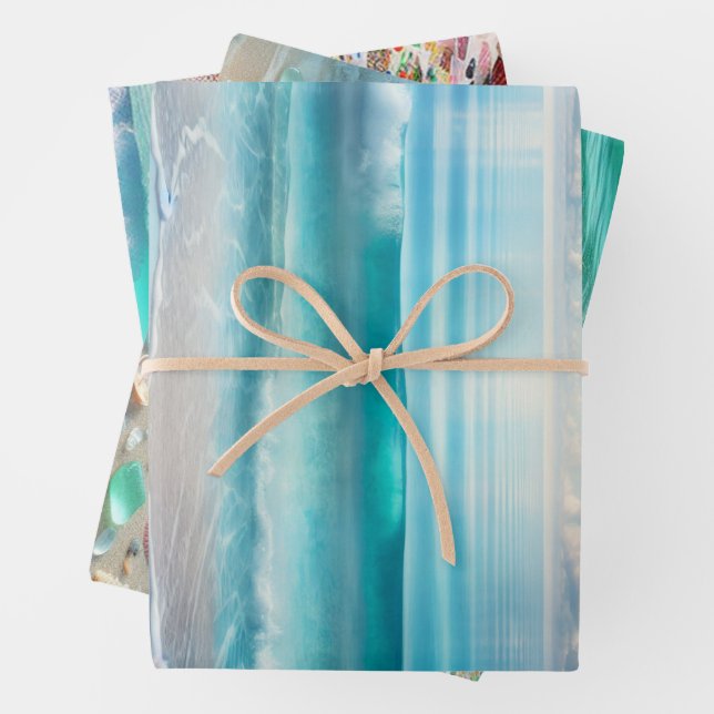 Pretty Blue Ocean Waves and Sea Glass  Wrapping Paper Sheet (In situ)